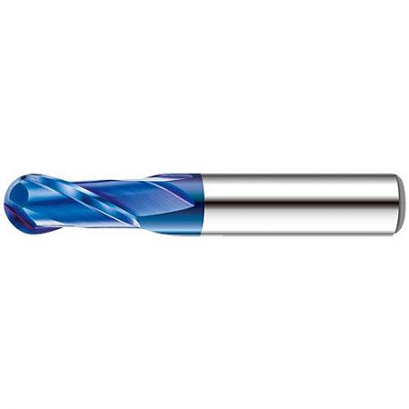 998V-ANB 2-Flute Ball Nose End Mill with NACO-BLUE Coating for High-Speed Dry Machining - A 998V-ANB 2-flute ball nose carbide end mill with a distinctive blue nitride coating, designed for high-performance dry machining of various steels.