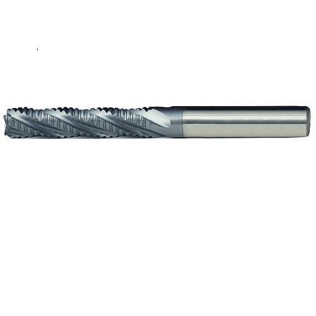 LV 9918TC HSS TiCN-Coated Roughing End Mill for Carbon Steel Machining - Close-up of a LV 9918TC HSS roughing end mill with a distinctive spiral fluted design and TiCN coating for steel machining.