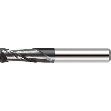 2DDM 2-Flute Diamond-Coated End Mill for Graphite & Composite Machining - Close-up of a 2DDM 2-flute diamond-coated graphite end mill from manufacturer LV Tool, showing the spiral cutting edge.