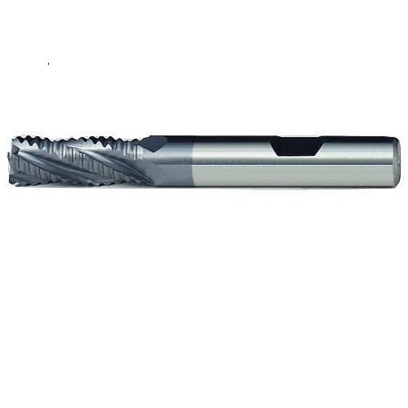 LV 9908TC HSS Roughing End Mill with TiCN Coating for Steel Machining - Close-up of the LV 9908TC HSS roughing end mill, showcasing its TiCN coating and robust flute design for efficient steel machining.