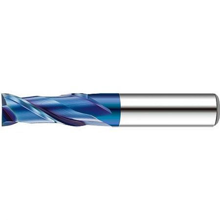 992L-ANB 2-Flute Tungsten Carbide End Mill with NACO-BLUE Coating for Dry Machining - Close-up of a 992L-ANB 2-flute tungsten carbide end mill with a distinctive NACO-BLUE spiral flute coating for enhanced wear resistance.