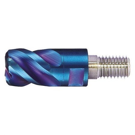 N2WLVRS Tungsten Carbide Anti-Vibration Round Nose End Mill Head for High-Hardness Steel Machining - Close-up of an N2WLVRS tungsten carbide anti-vibration round nose end mill head, showing the 4-flute spiral design and threaded connector.