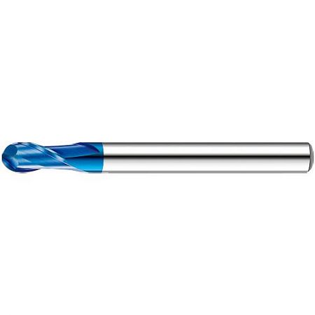 998V-2ALNB Series 2-Flute Long Shank Ball Nose End Mill with NACO-BLUE Coating - Close-up of a 998V-2ALNB ball nose carbide end mill with a distinctive blue NACO coating for high-speed machining.