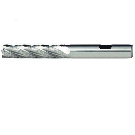 LV 9916WW High-Cobalt Steel Long-Blade Roughing End Mill for Carbon Steel Machining - Close-up of LV 9916WW high-cobalt steel roughing end mill with a spiral cutting edge for industrial use.