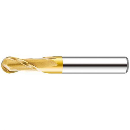 998V-A Series 2-Flute Ball Nose Carbide End Mill with TixSiN Coating - A high-precision 998V-A 2-flute ball nose carbide end mill with a gold TixSiN coating, designed for machining hard materials like tool steel and stainless steel.