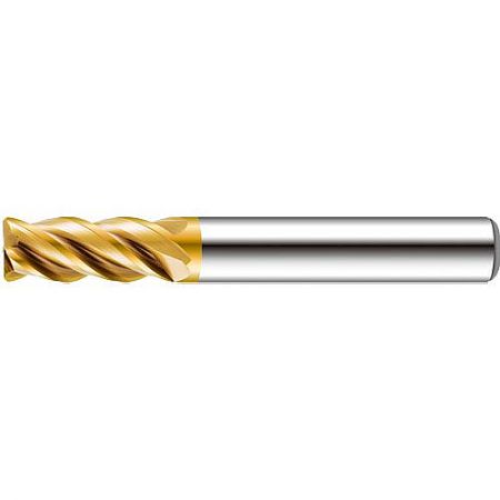 884L-ZRS High-Performance 4-Flute Round Nose End Mill for Vibration Reduction - The 884L-ZRS 4-flute round nose carbide end mill, featuring a gold-colored TixSiN coating for enhanced durability and performance in metalworking.