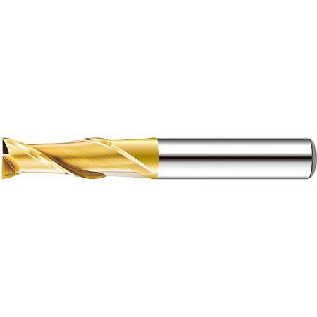992L-A Series 2-Flute Carbide End Mill with TixSiN Coating - Close-up of a 992L-A 2-flute carbide end mill, showcasing its TixSiN coating on the golden helical flutes and precision-ground silver shank.