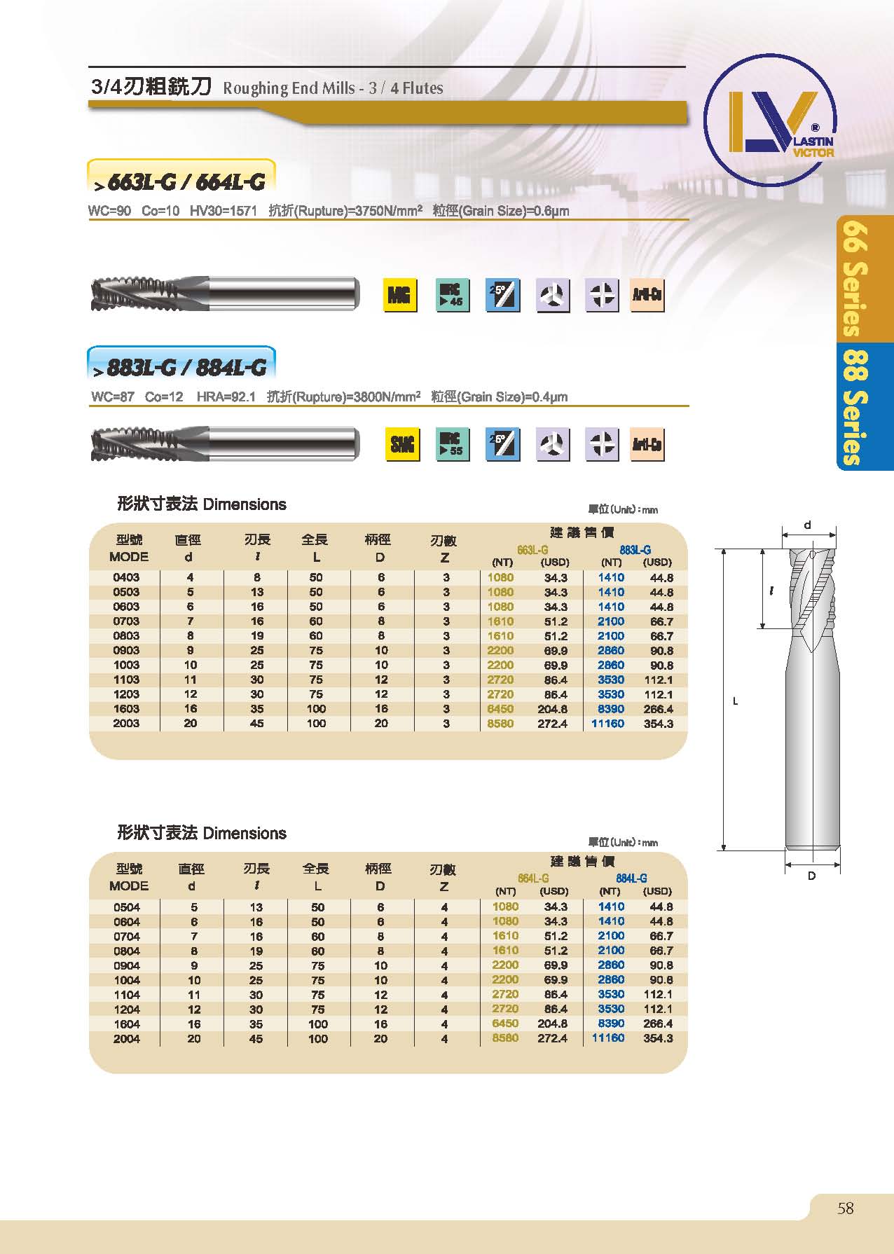 Detailed specification catalog for LV Tool 884L-G series roughing end mills