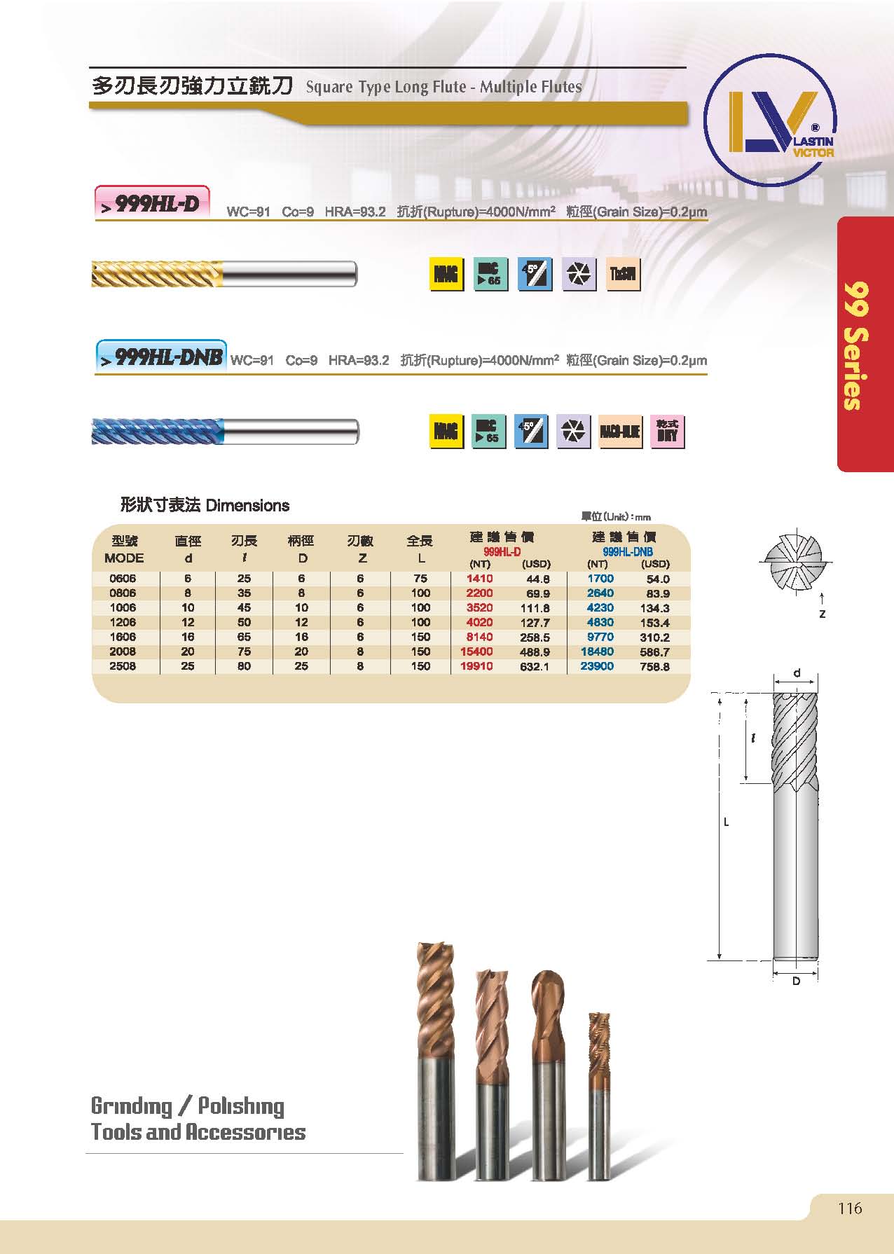 Technical specifications chart for 999HL-D series multi-flute carbide end mills